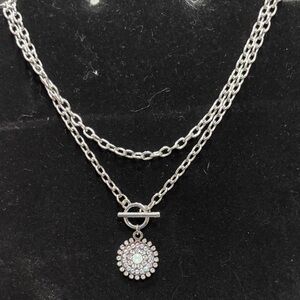 Long Layered Toggle Necklace with Sparkling Medallion Pendant